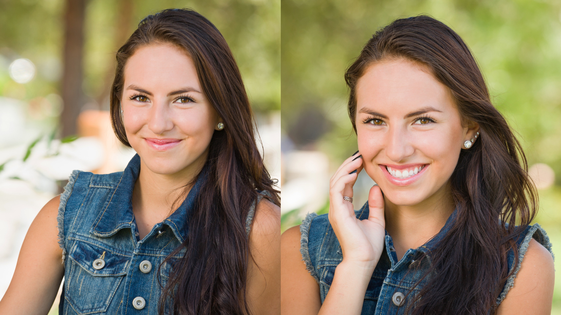 She puts her fingers to the side of her cheek or face, while looking at you in a cute way