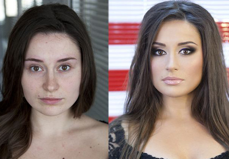 Brunette before and after make up