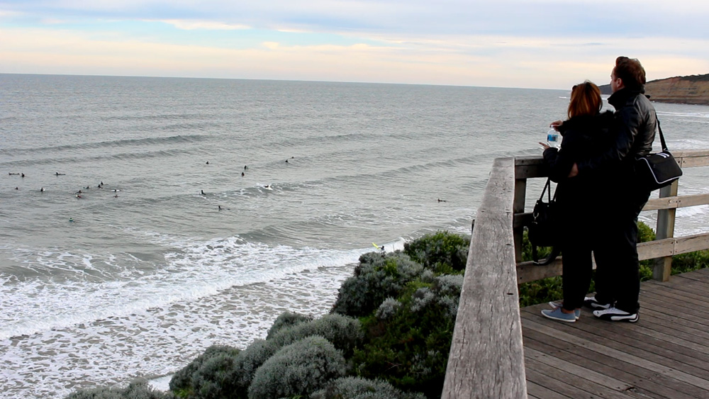 Dan Bacon with girlfriend at Jan Juc beach, Victoria