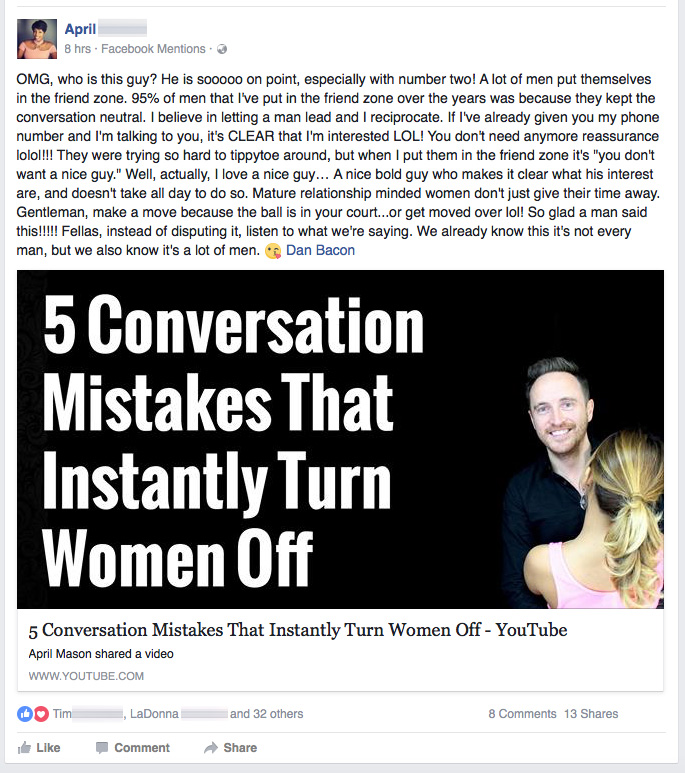 Female support on Facebook for Dan Bacon - The Modern Man