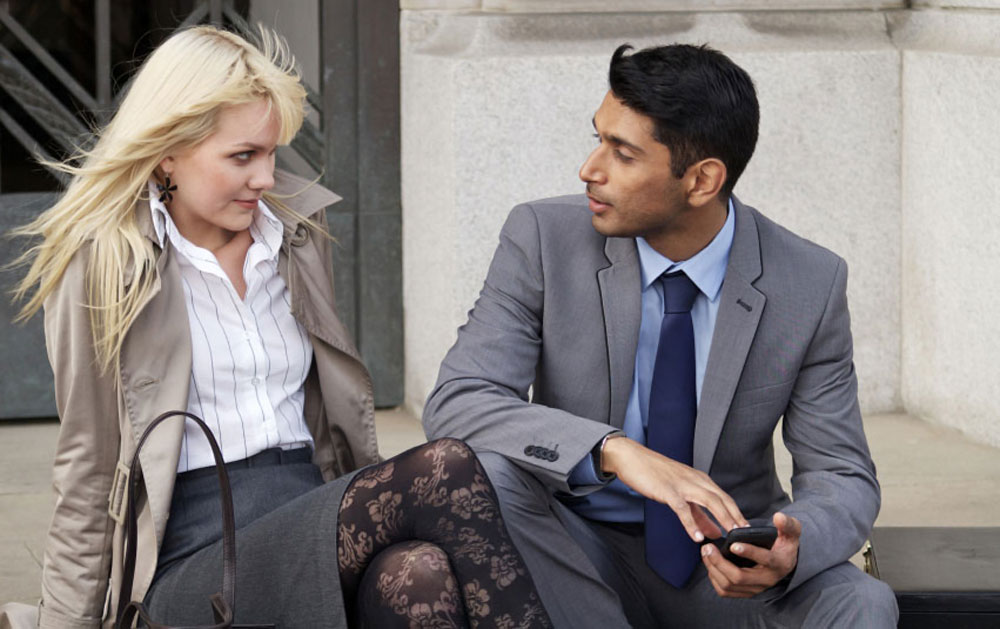 Woman analyzing man's body language